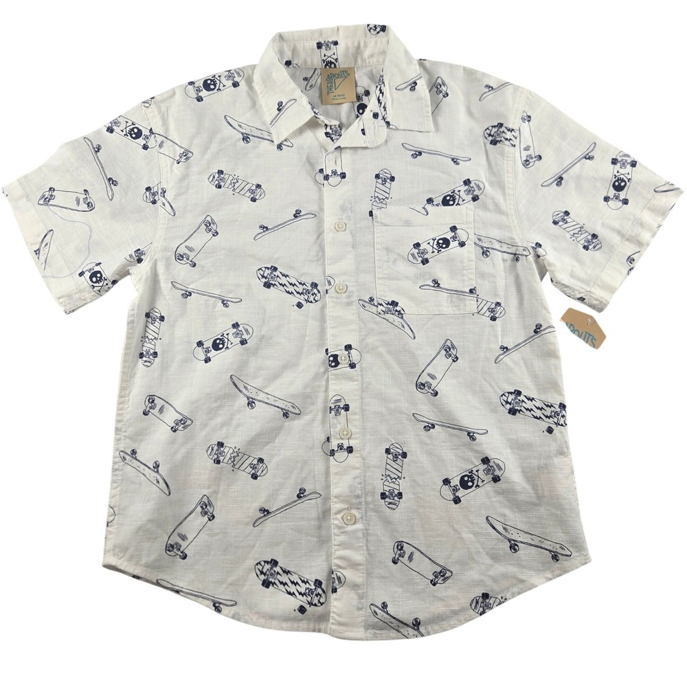 Thereabouts Boys Button Shirt Medium 10 12 White‎ Blue Skateboard Print NWT
